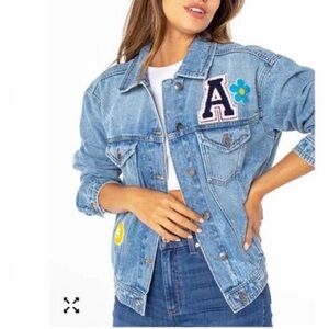 NWT Celebrity Pink Distressed Denim Jean Letterman Patch Jacket Women Medium